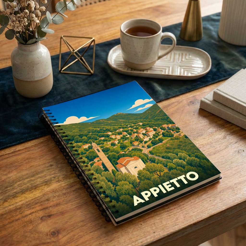 Carnet souvenir de la ville de Appietto illustré d'un paysage panoramique coloré et stylisé.