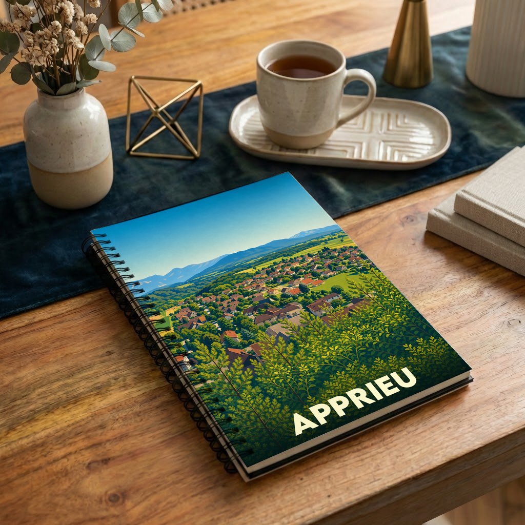 Carnet à spirales souvenir de la ville d'Apprieu avec une illustration stylisée de son paysage.