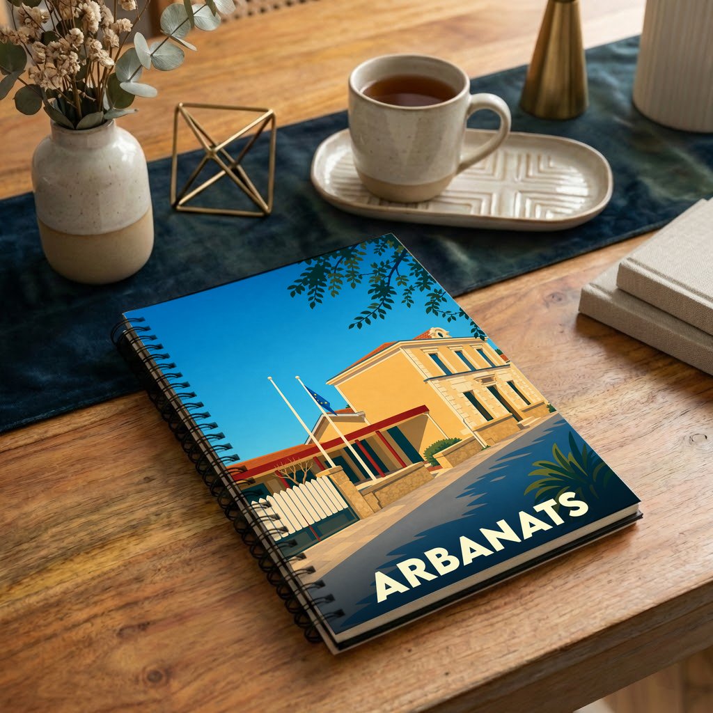 Carnet souvenir de la ville de Arbanats avec une illustration stylisée de sa mairie.