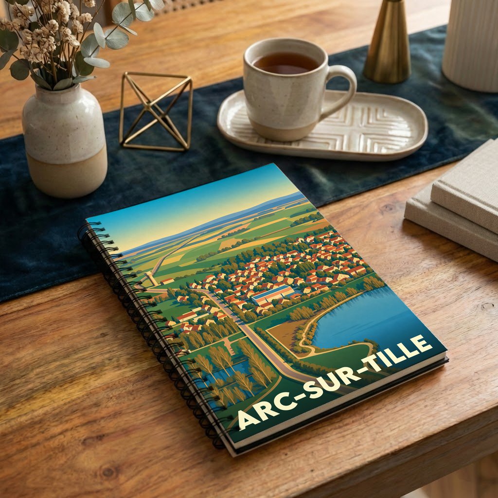 Carnet souvenir de la ville d'Arc-sur-Tille avec une illustration stylisée vue du ciel.