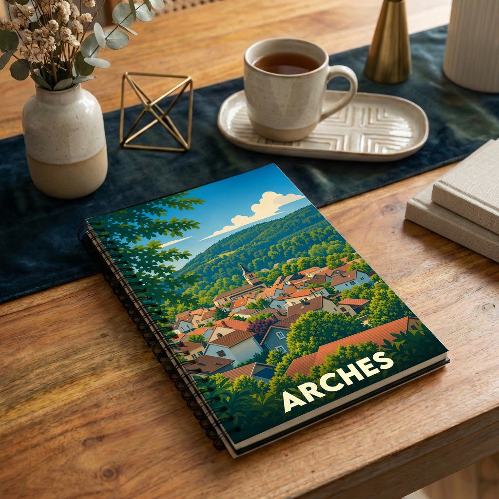 Carnet à spirales souvenir de la ville d'Arches orné d'une illustration stylisée d'un village de montagne.