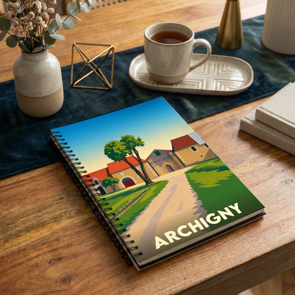Carnet souvenir de la ville d'Archigny avec une illustration stylisée d'un paysage rural.