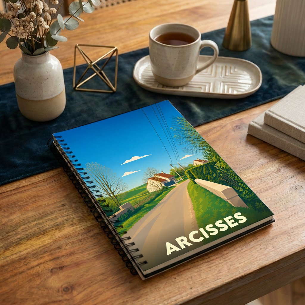 Carnet à spirales souvenir de la ville de Arcisses avec une illustration de paysage stylisée.