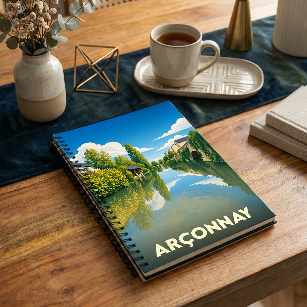 Carnet à spirales souvenir de la ville de Arçonnay avec une illustration stylisée d'un paysage fluvial.