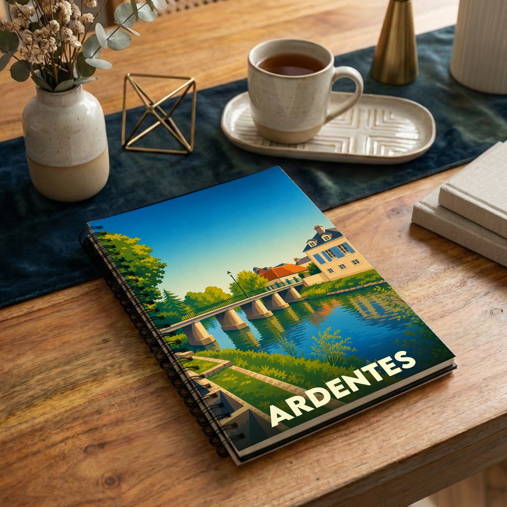 Carnet à spirales souvenir de la ville d'Ardentes avec une illustration stylisée d'un pont en bord de rivière.