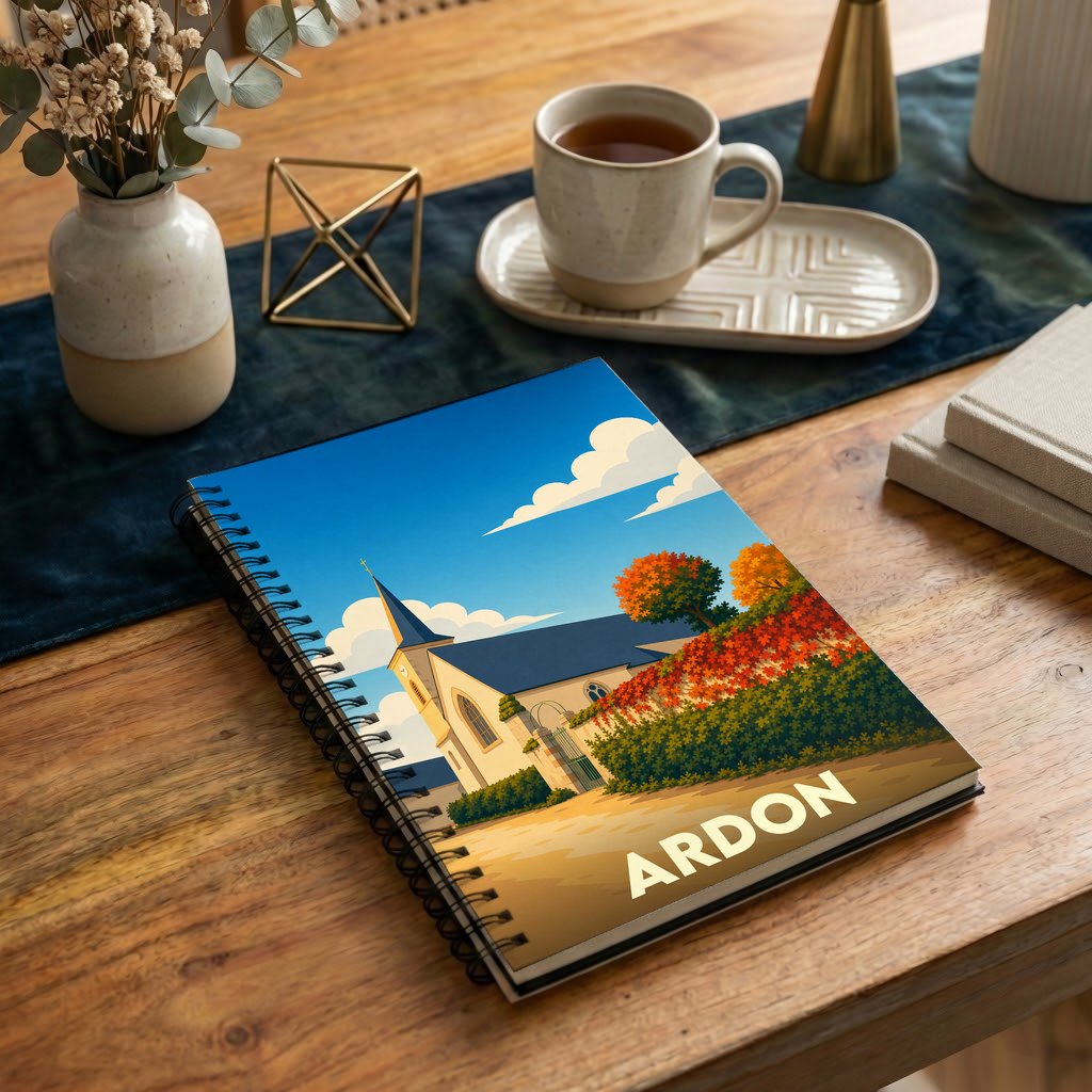 Carnet souvenir de la ville d'Ardon avec une illustration stylisée d'une église et de paysages automnaux.