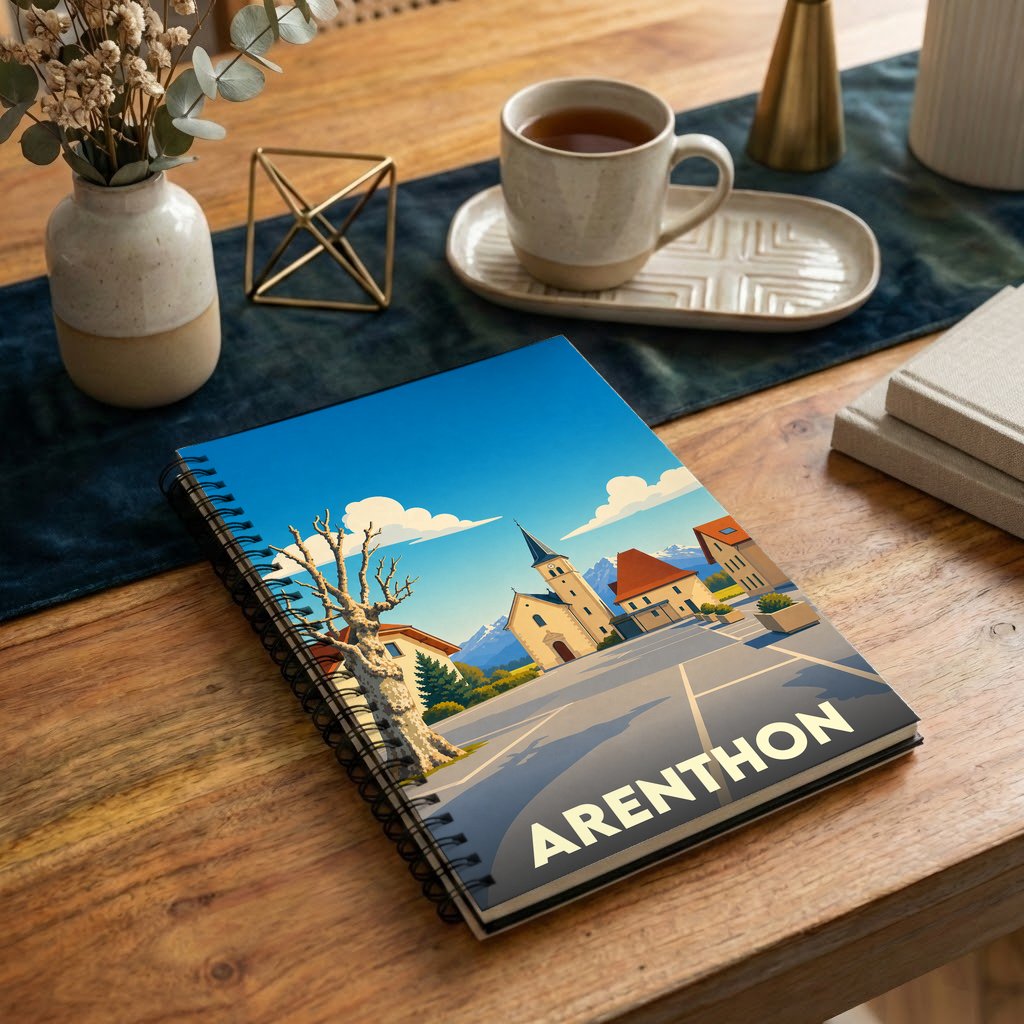 Carnet souvenir de la ville d'Arenthon illustré par une vue stylisée de son église et de ses montagnes.