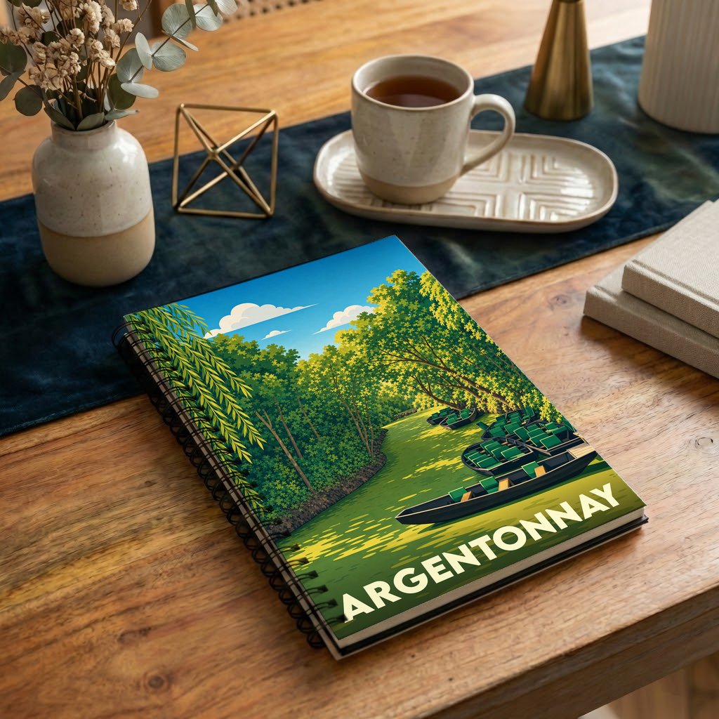 Carnet souvenir de la ville de Argentonnay avec une illustration stylisée d'une rivière boisée et de barques.
