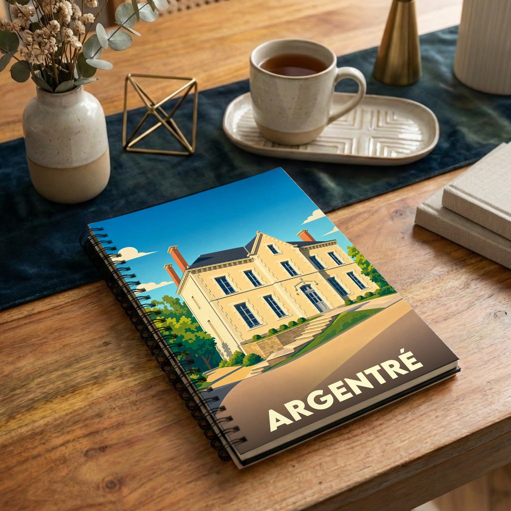 Carnet à spirale souvenir de la ville d'Argentré avec une illustration stylisée de sa mairie.