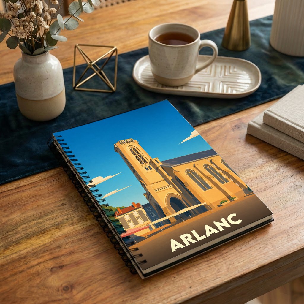 Carnet souvenir de la ville d'Arlanc avec une illustration stylisée de son église sous un ciel bleu.