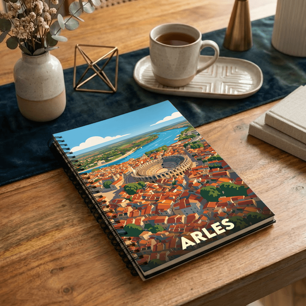 Carnet souvenir de la ville d'Arles avec une illustration graphique stylisée de ses arènes.