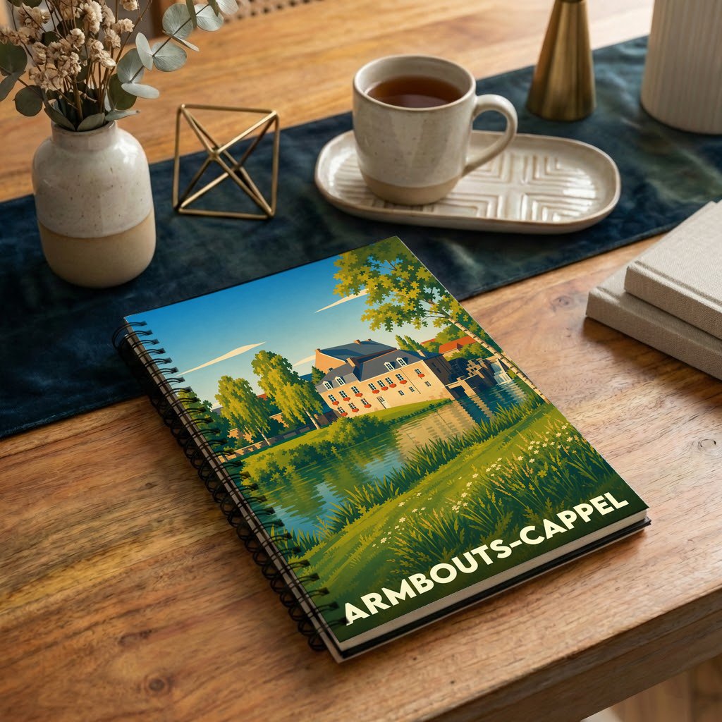 Carnet à spirales souvenir de la ville de Armbouts-Cappel avec une illustration stylisée d'un manoir au bord de l'eau.
