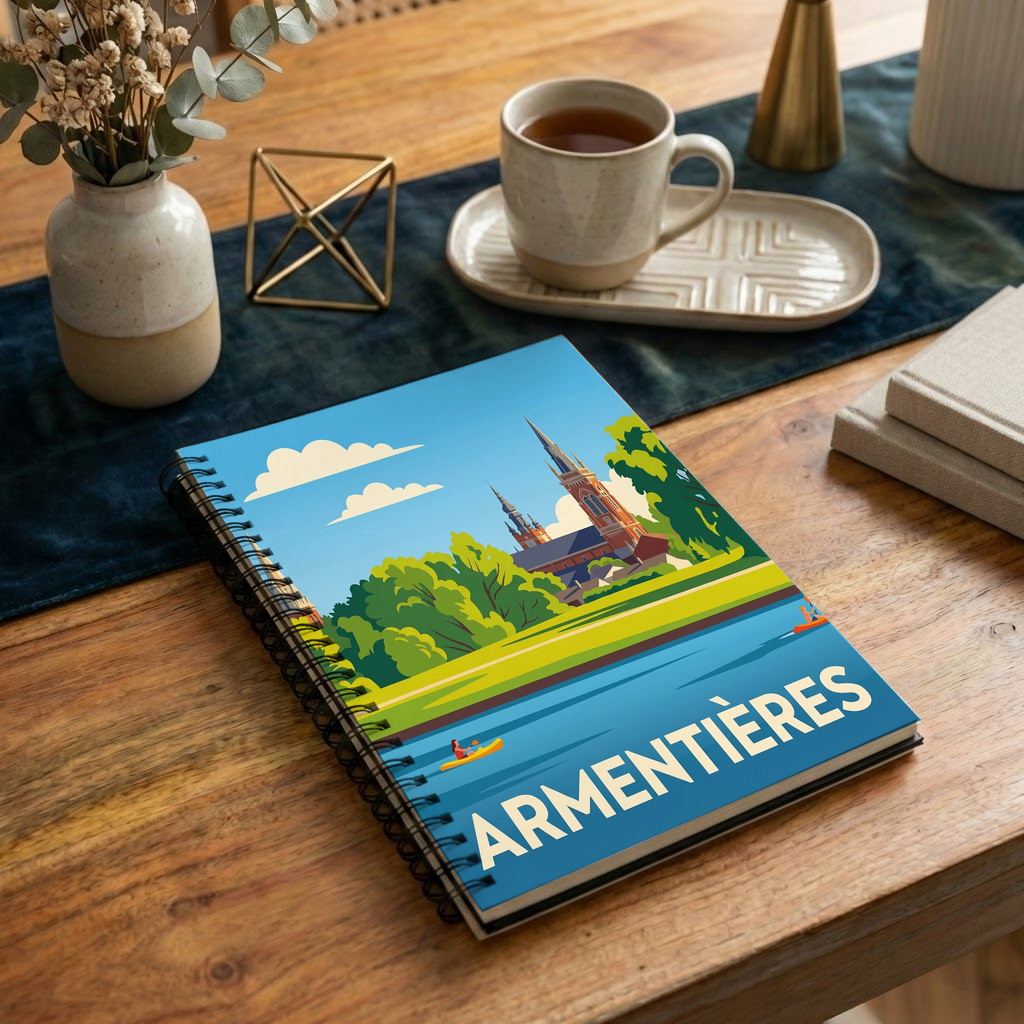 Carnet souvenir de la ville d’Armentières avec une illustration stylisée.