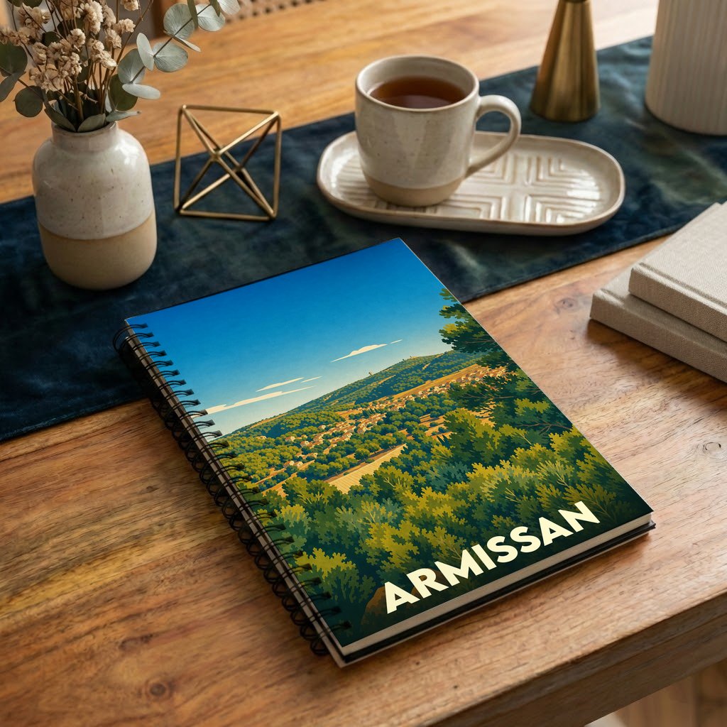 Carnet à spirales souvenir de la ville d'Armissan avec une illustration stylisée de son paysage vallonné.