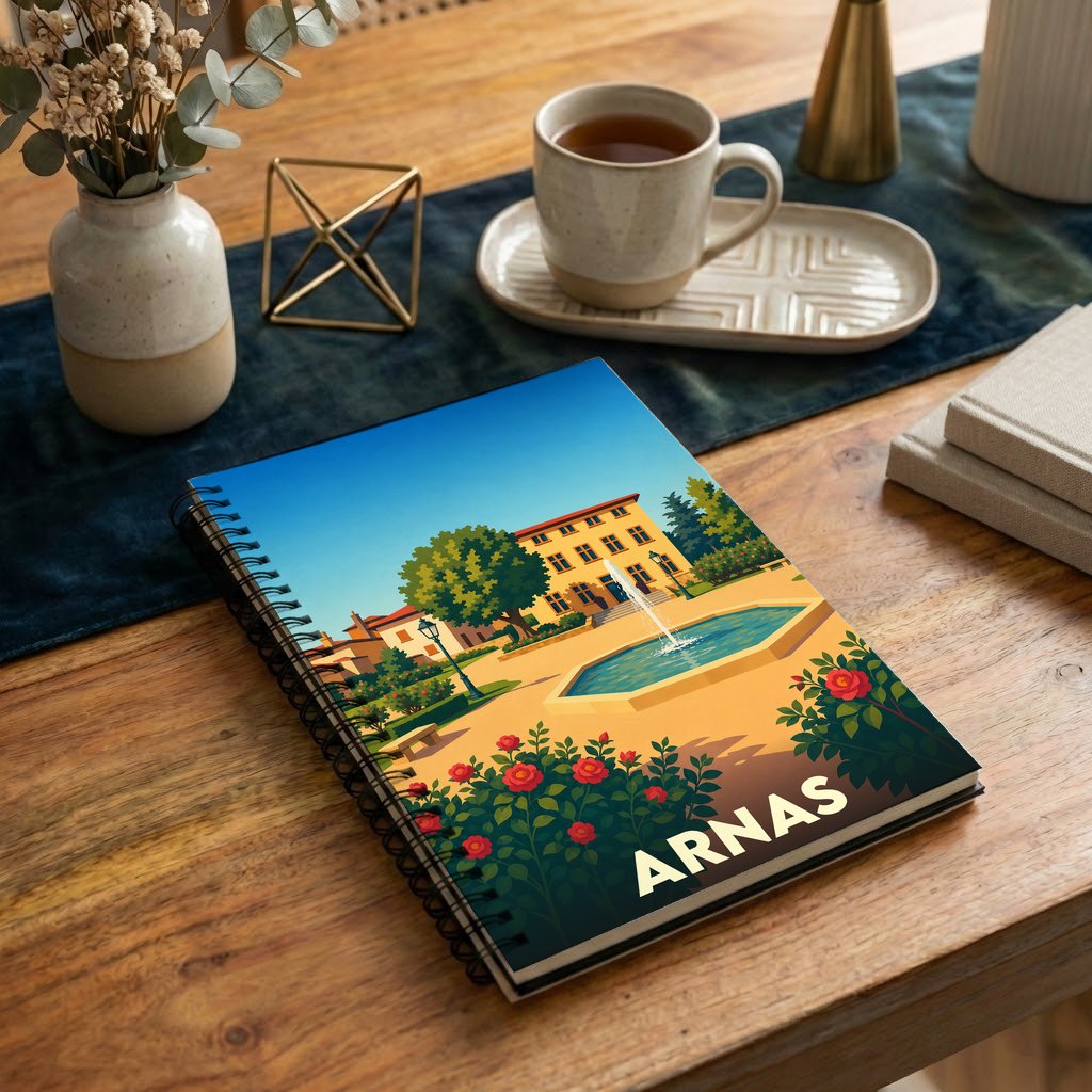 Carnet souvenir de la ville d'Arnas avec une illustration stylisée représentant une place ensoleillée et sa fontaine.