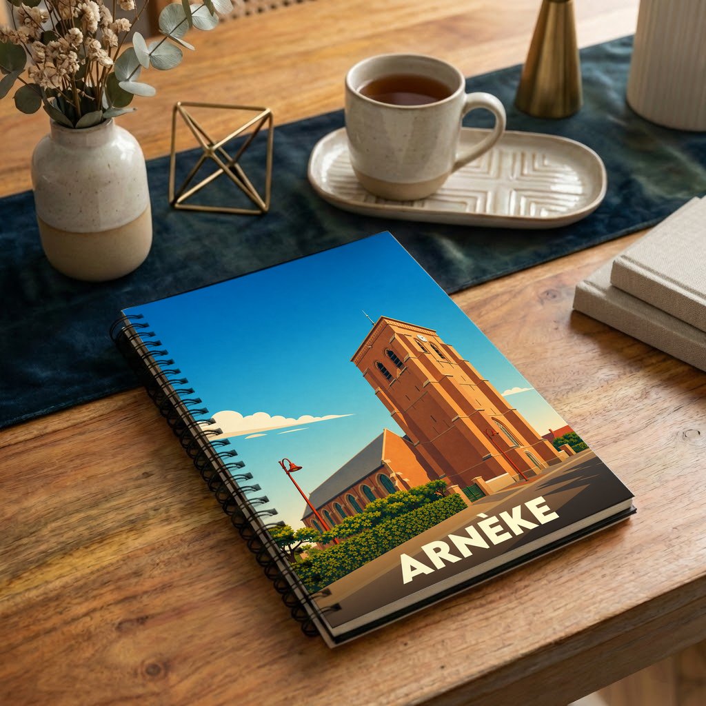 Carnet souvenir de la ville d'Arnèke avec une illustration stylisée de son église.