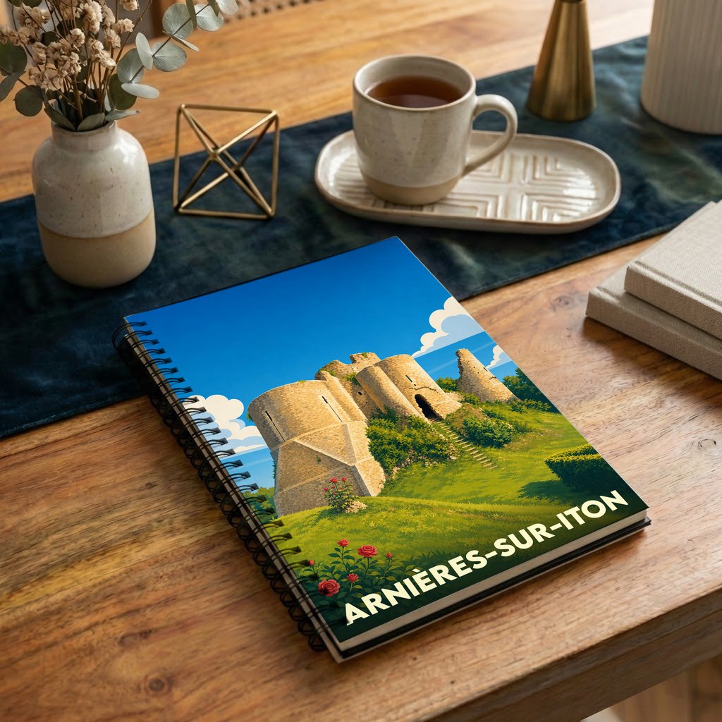 Carnet souvenir de la ville d'Arnières-sur-Iton avec une illustration stylisée de son château médiéval.