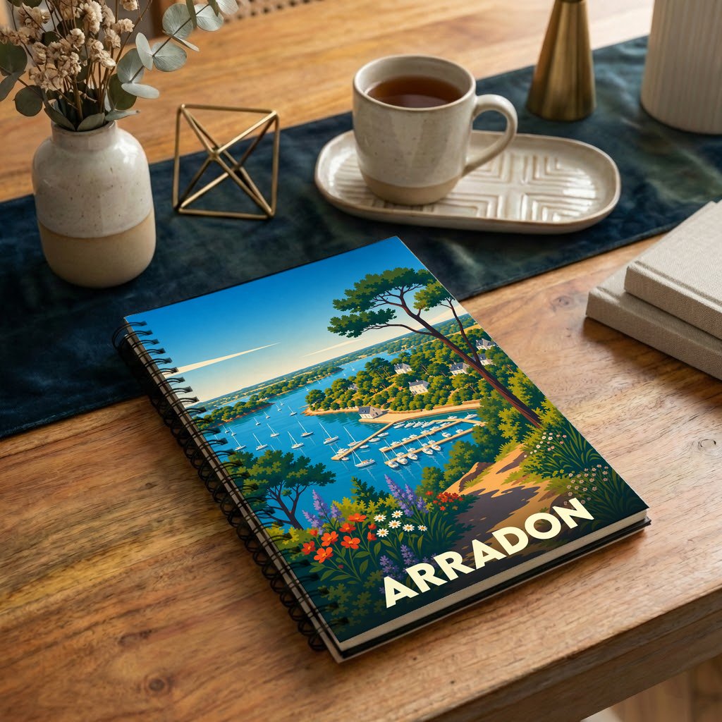 Carnet souvenir de la ville d'Arradon avec une illustration stylisée de son littoral et de son port.