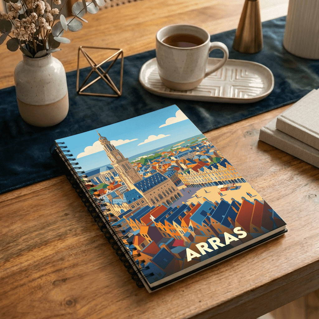 Carnet de notes à spirales souvenir de la ville d'Arras avec une illustration stylisée et colorée.