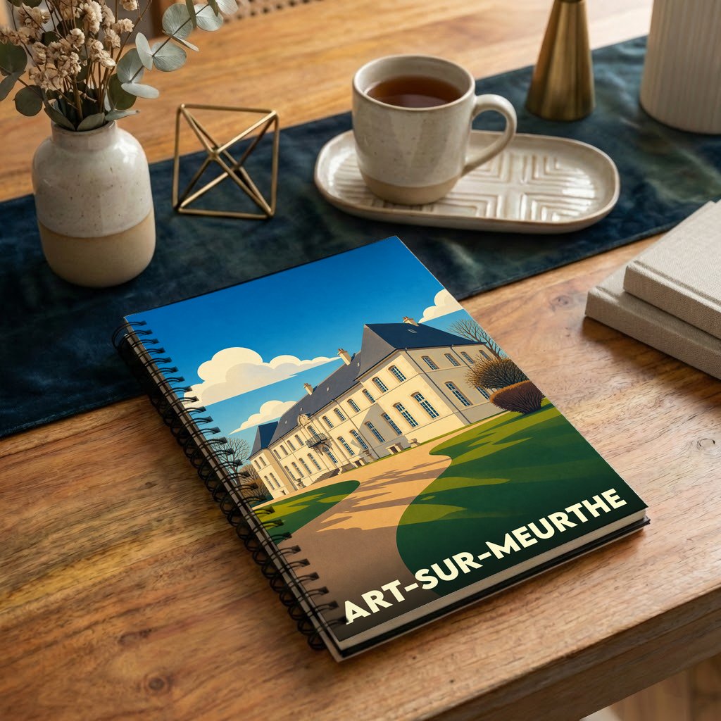 Carnet à spirale souvenir de la ville de Art-sur-Meurthe avec une illustration stylisée de son château.