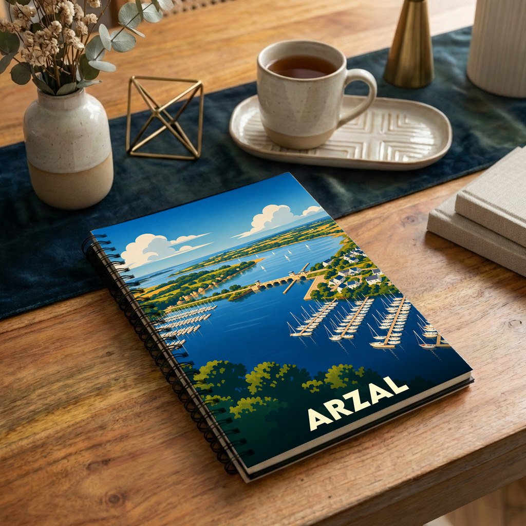 Carnet à spirales souvenir de la ville d'Arzal avec une illustration stylisée de son port et de son barrage.