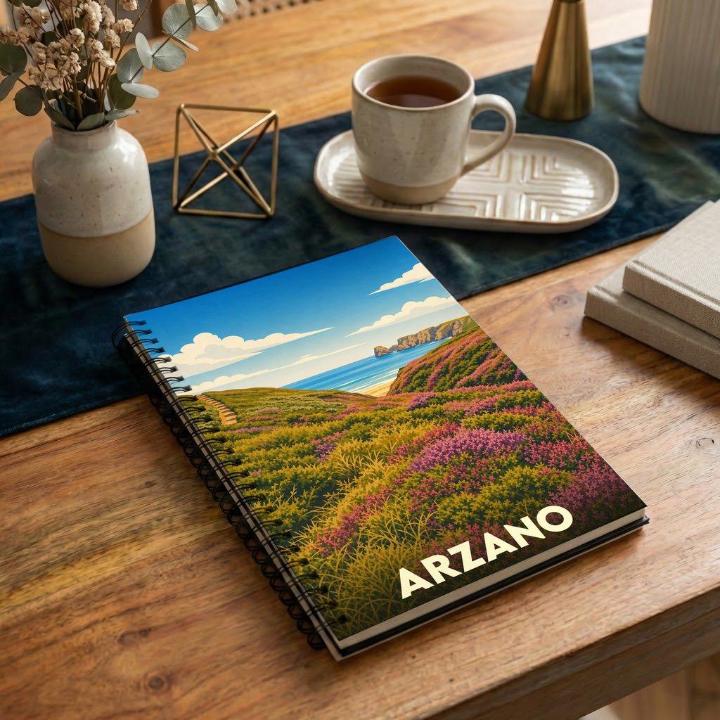 Carnet de notes souvenir de la ville d'Arzano avec une illustration stylisée d'un paysage côtier fleuri.