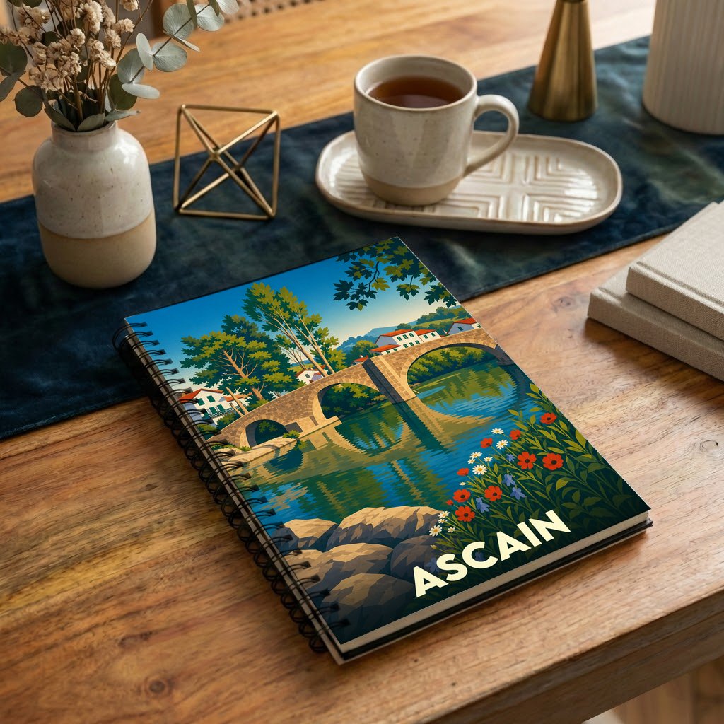 Carnet à spirales souvenir de la ville d'Ascain avec une illustration stylisée de son pont romain.