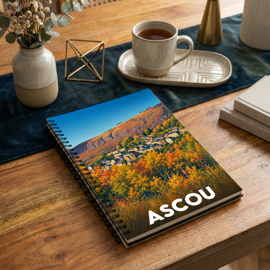 Carnet souvenir de la ville d'Ascou avec une illustration stylisée de paysage montagneux aux couleurs d'automne.