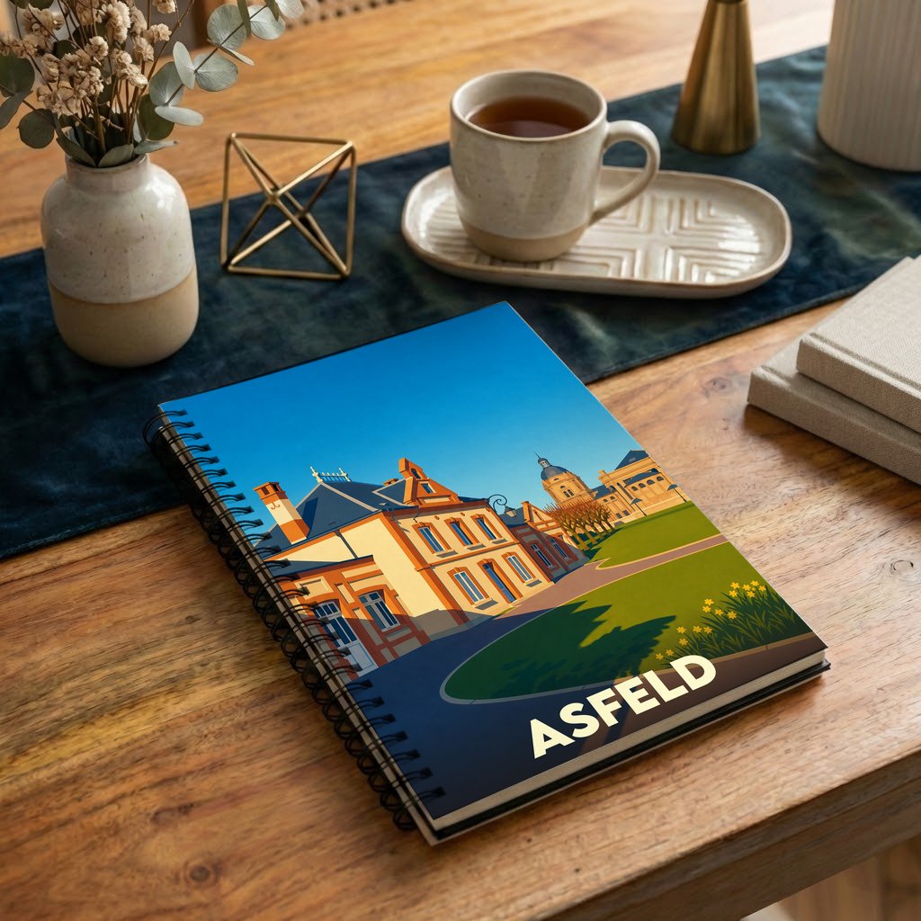 Carnet souvenir de la ville de Asfeld avec une illustration stylisée.