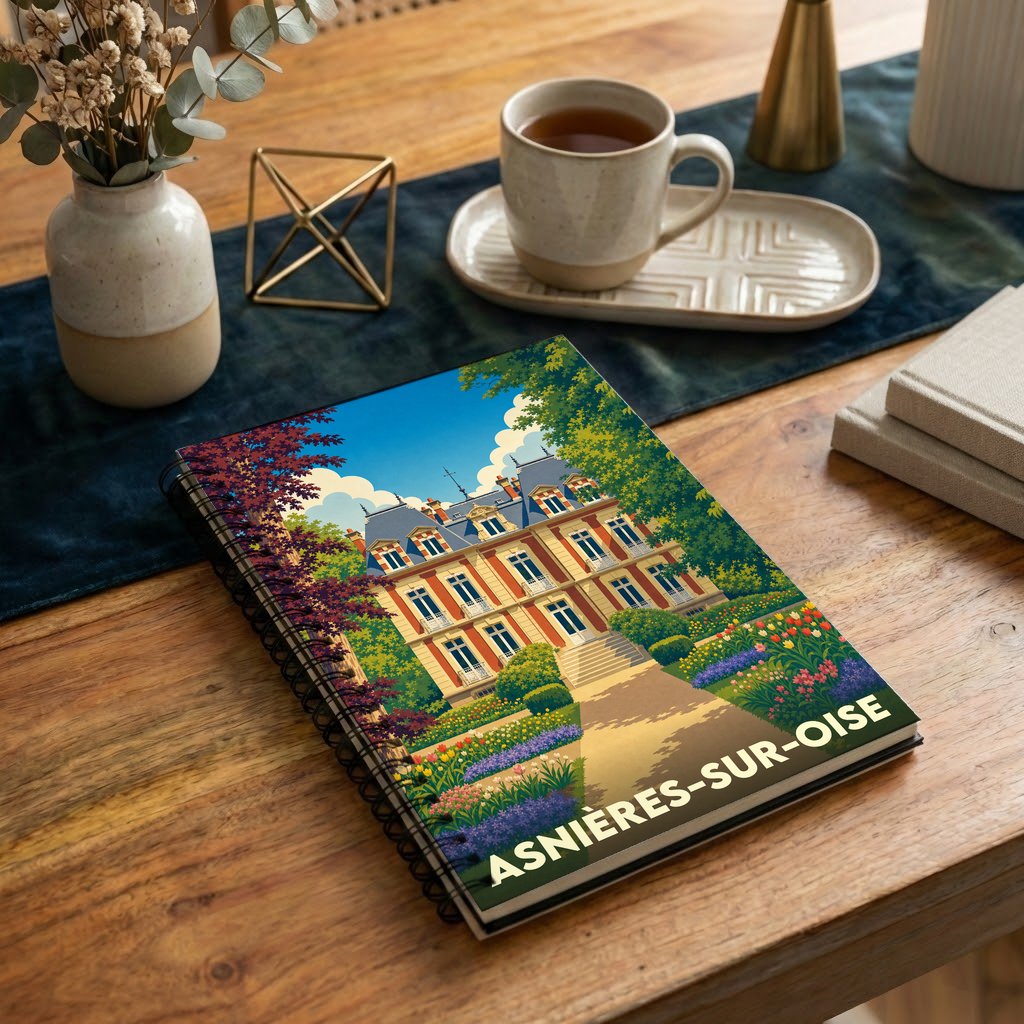 Carnet à spirales souvenir de la ville d'Asnières-sur-Oise orné d'une illustration stylisée d'un château et de ses jardins.