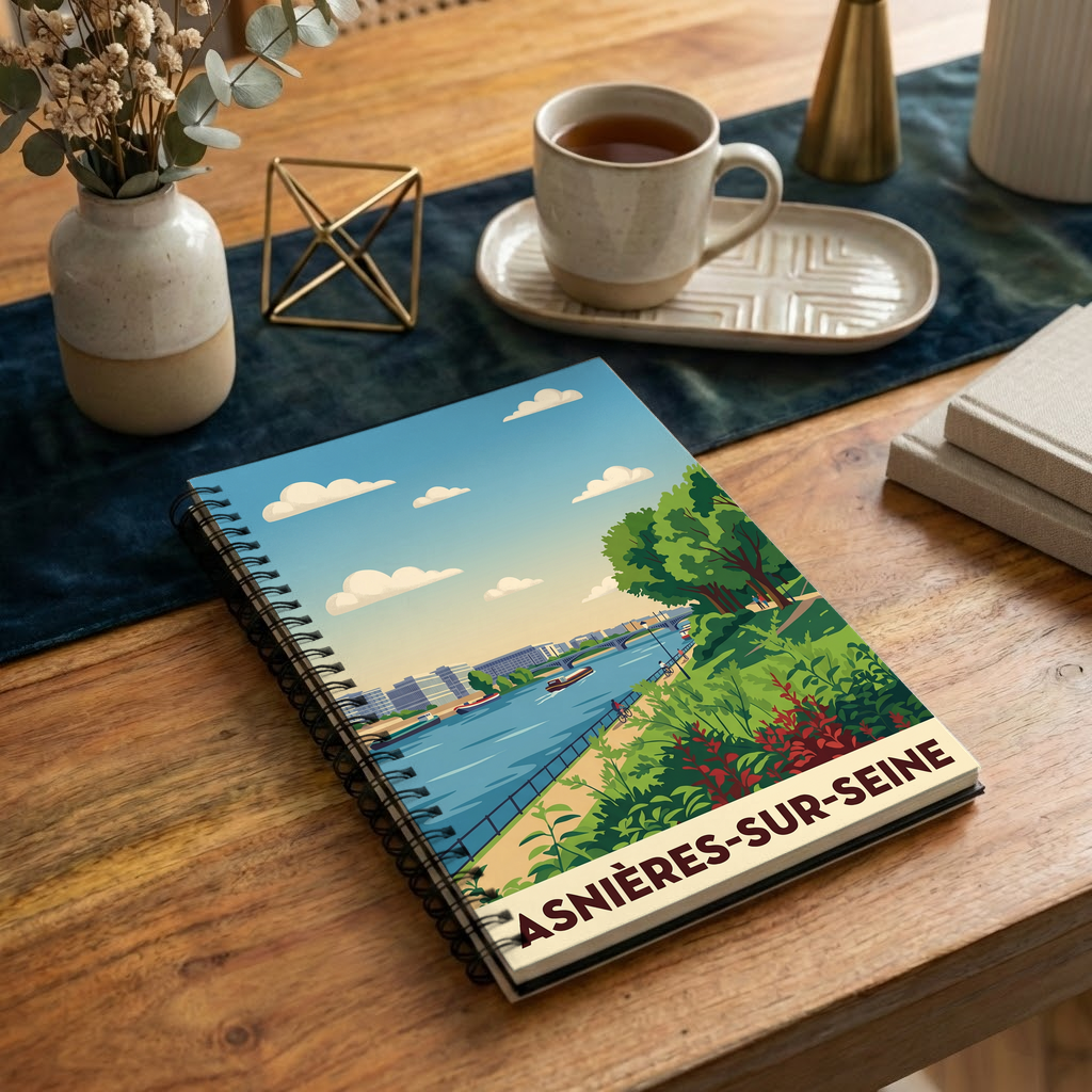 Carnet souvenir de la ville d'Asnières-sur-Seine avec une illustration stylisée.