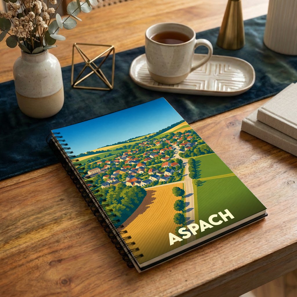 Carnet souvenir de la ville de Aspach avec une illustration stylisée de son paysage urbain et rural.