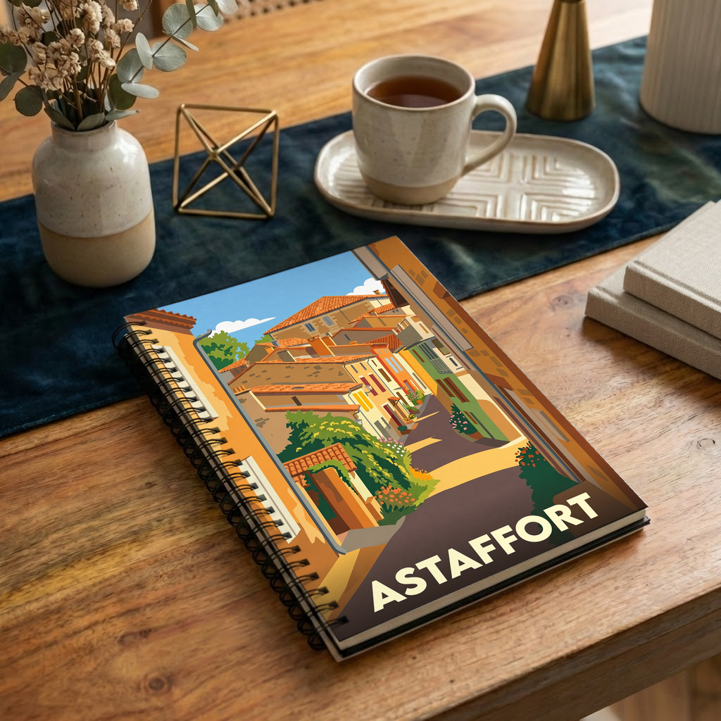 Carnet souvenir de la ville d’Astaffort avec une illustration stylisée d’une rue ensoleillée.
