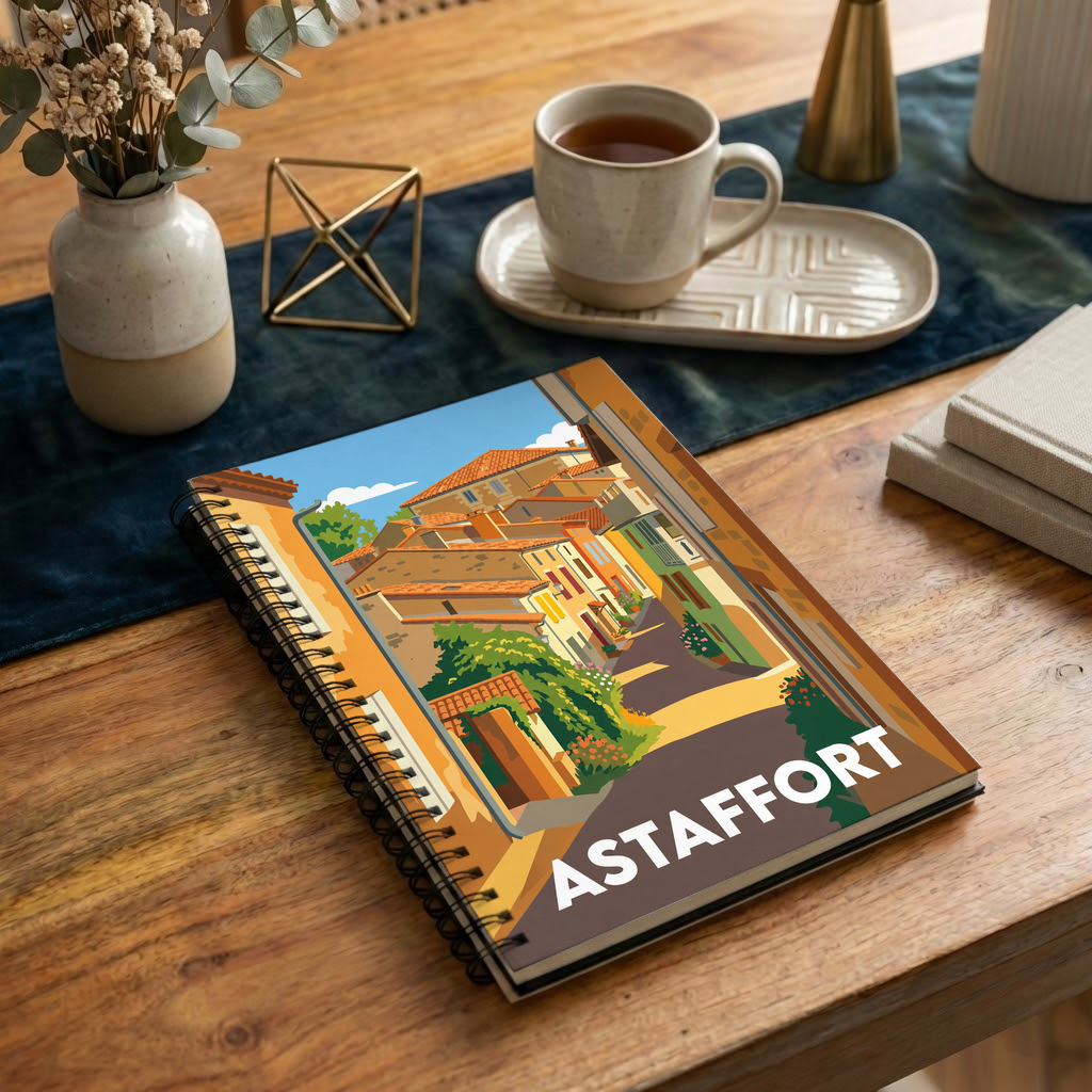 Carnet souvenir de la ville d’Astaffort avec une illustration stylisée d’une rue ensoleillée.