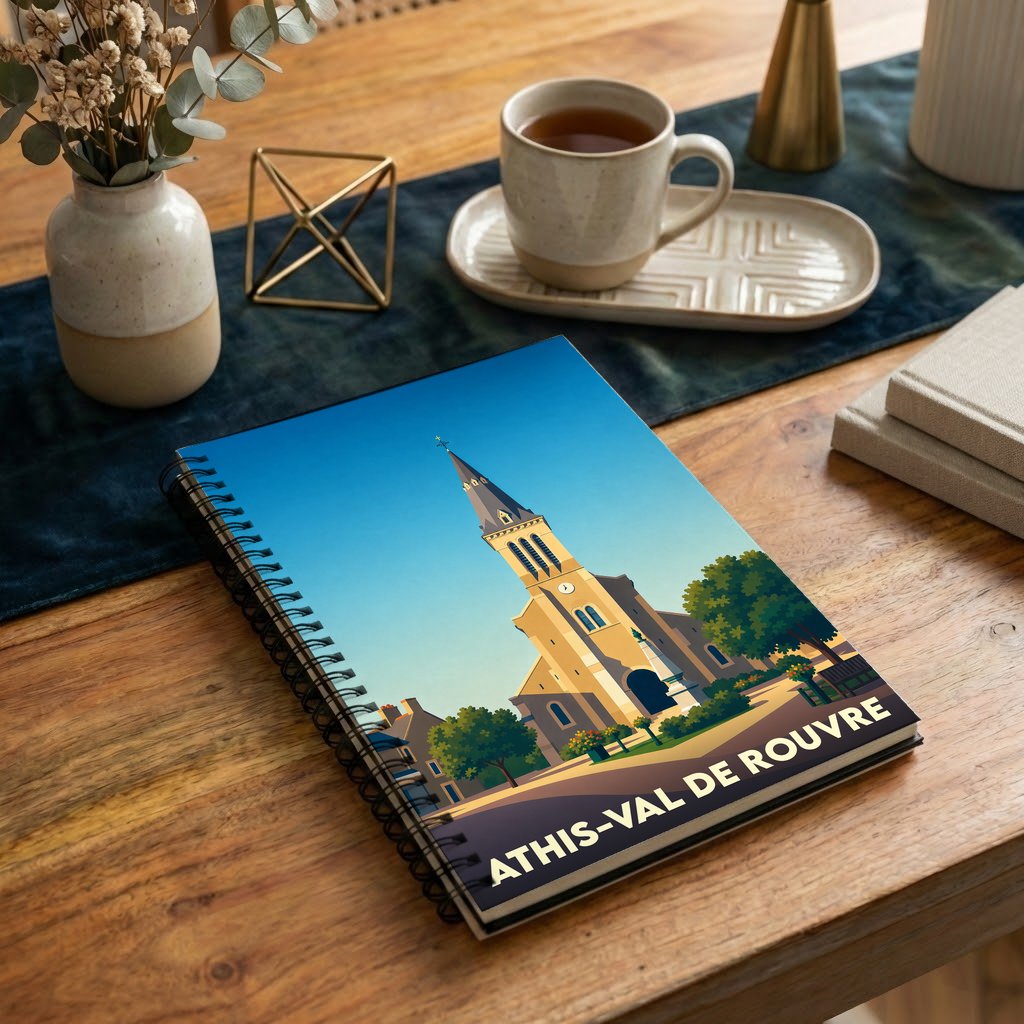 Carnet à spirale souvenir de la ville de Athis-Val de Rouvre avec une illustration stylisée de son église.