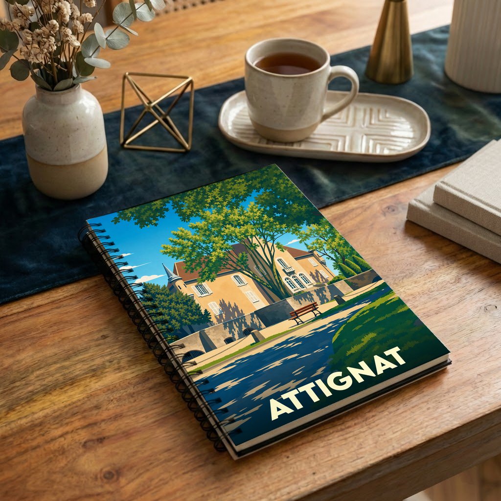 Carnet à spirales souvenir de la ville d'Attignat avec une illustration stylisée de son patrimoine.