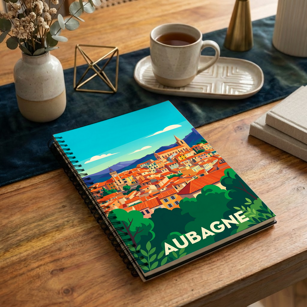 Carnet souvenir de la ville d'Aubagne orné d'une illustration stylisée et colorée.