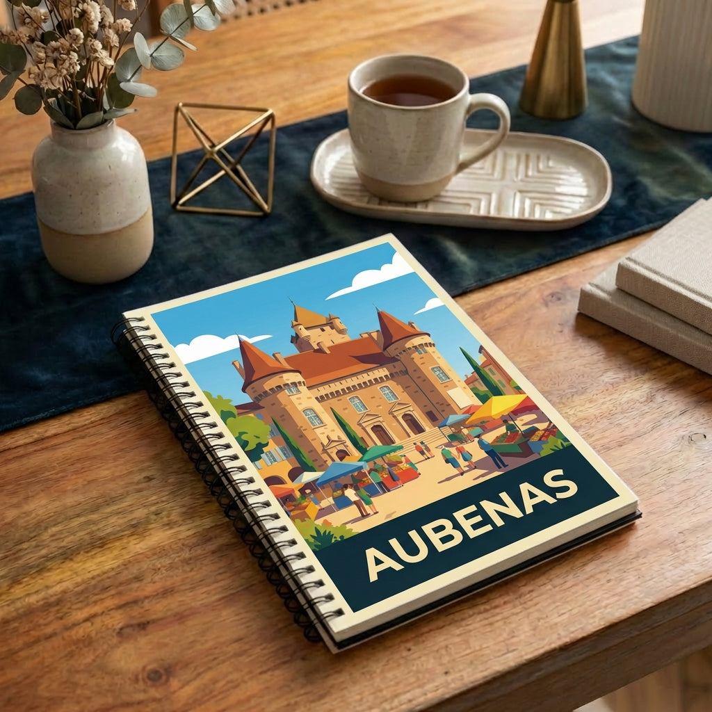 Carnet souvenir de la ville d'Aubenas avec une illustration stylisée de son château.