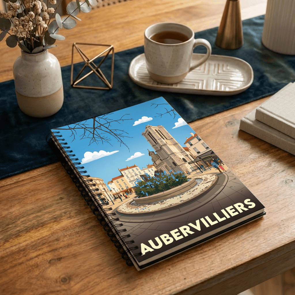 Carnet souvenir de la ville d'Aubervilliers avec une illustration stylisée.