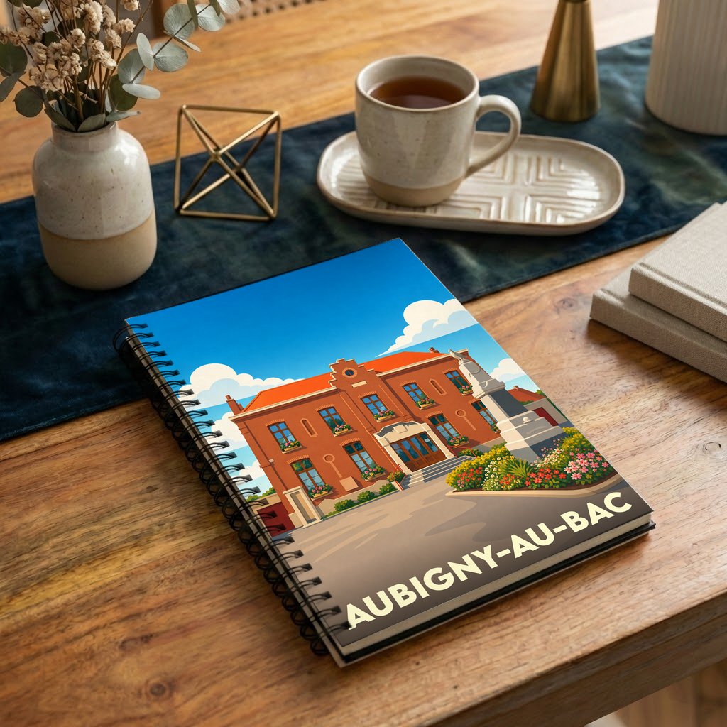 Carnet souvenir de la ville de Aubigny-au-Bac avec une illustration stylisée de sa mairie.