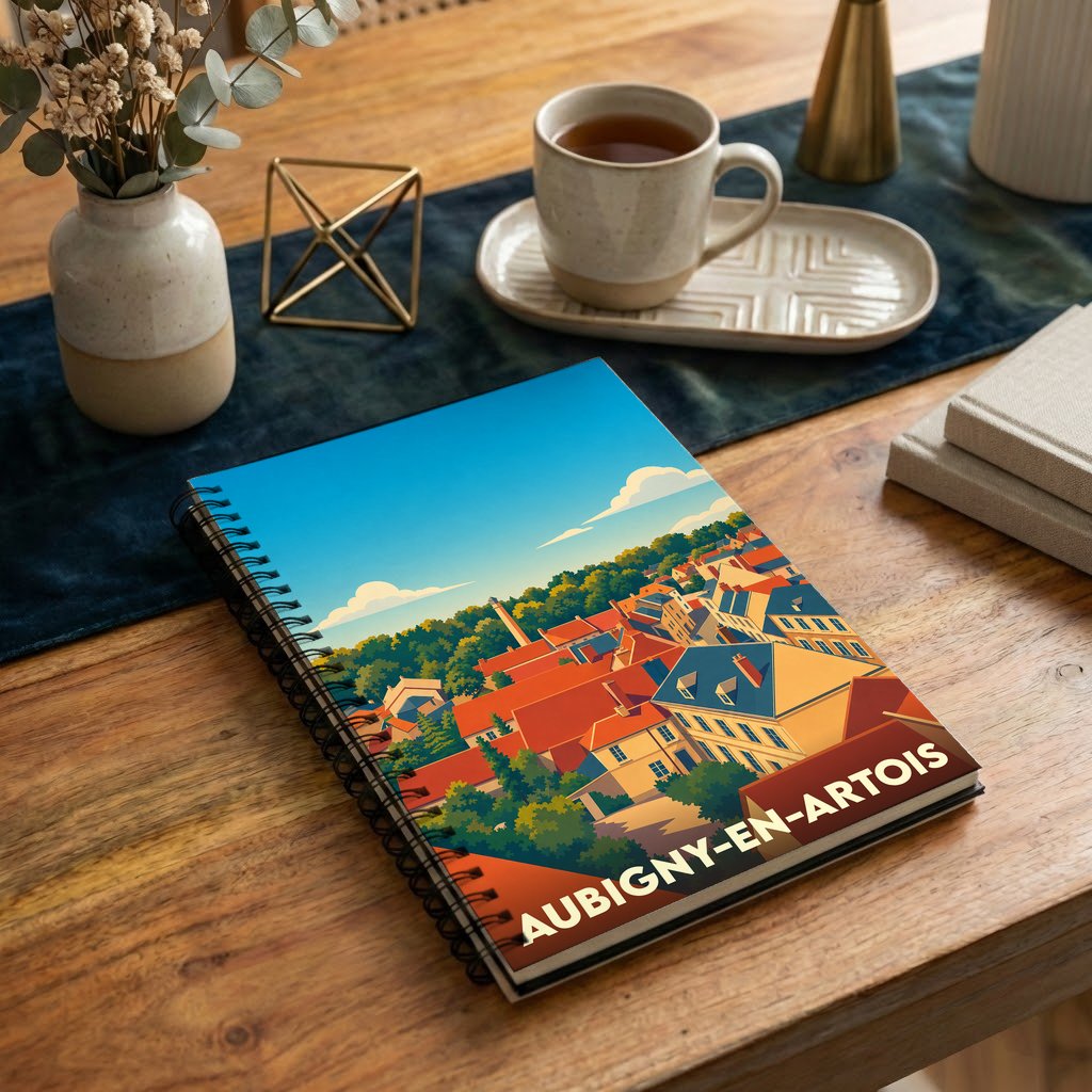 Carnet à spirales souvenir de la ville d’Aubigny-en-Artois avec une illustration stylisée.