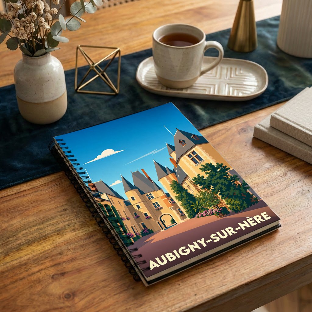 Carnet à spirales souvenir de la ville d'Aubigny-sur-Nère avec une illustration stylisée de son architecture historique.