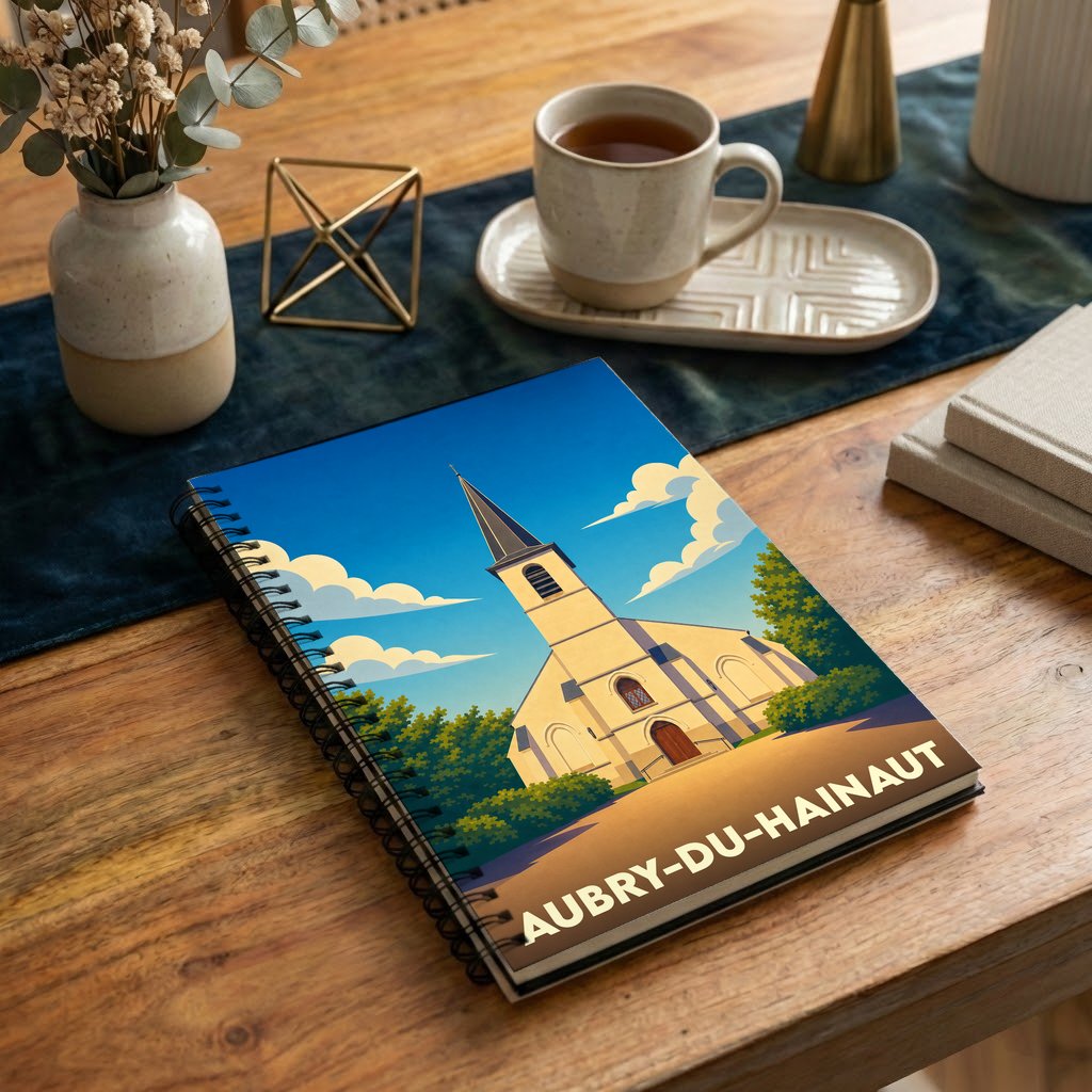 Carnet de notes à spirales souvenir de la ville d'Aubry-du-Hainaut avec une illustration stylisée de son église.