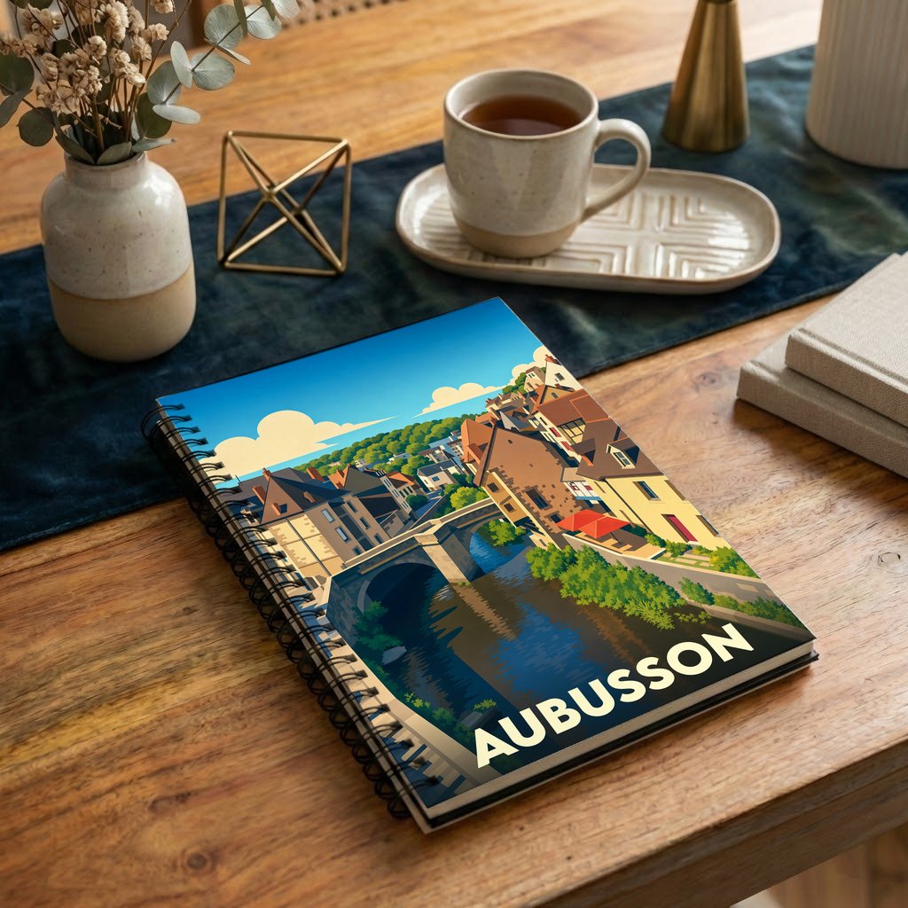 Carnet souvenir de la ville d'Aubusson avec une illustration stylisée d'un pont et de maisons en bord de rivière.