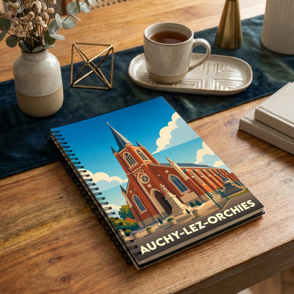 Carnet souvenir de la ville d'Auchy-lez-Orchies avec une illustration stylisée de son église.