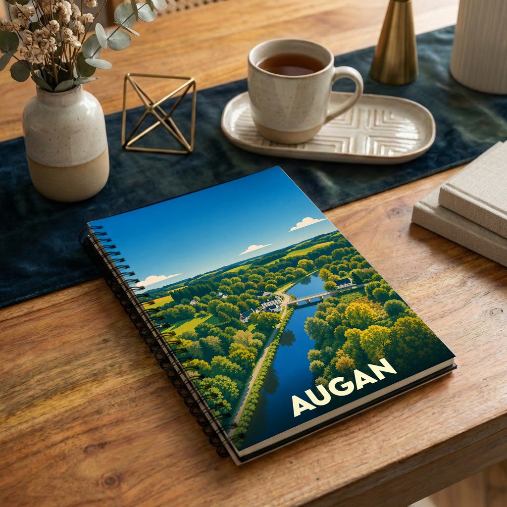Carnet souvenir de la ville d'Augan avec une illustration stylisée de son paysage verdoyant.