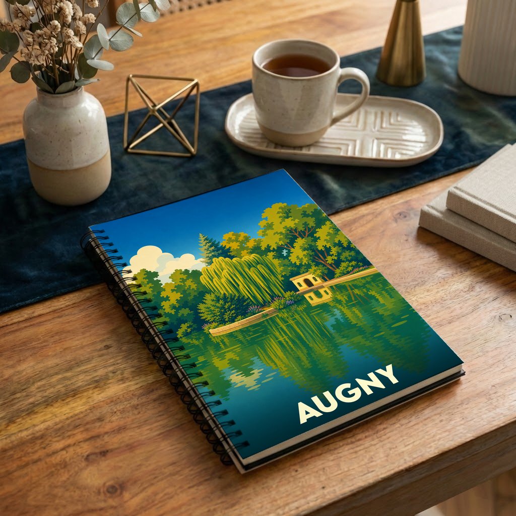 Carnet à spirales souvenir de la ville d'Augny avec une illustration stylisée d'un parc au bord de l'eau.