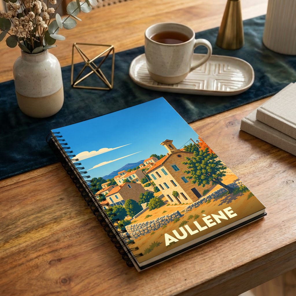 Carnet de notes à spirales souvenir de la ville de Aullène illustré par une vue stylisée du village.