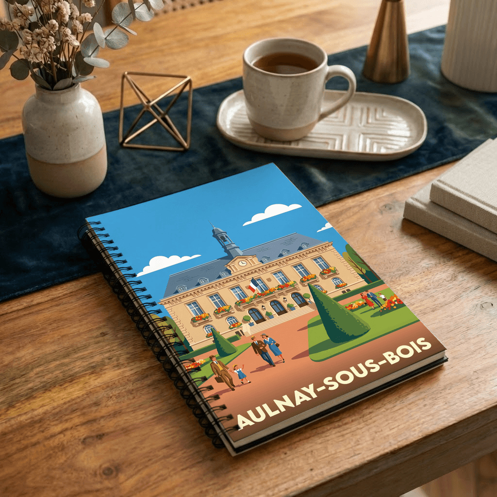 Carnet souvenir de la ville d'Aulnay-sous-Bois avec une illustration stylisée.