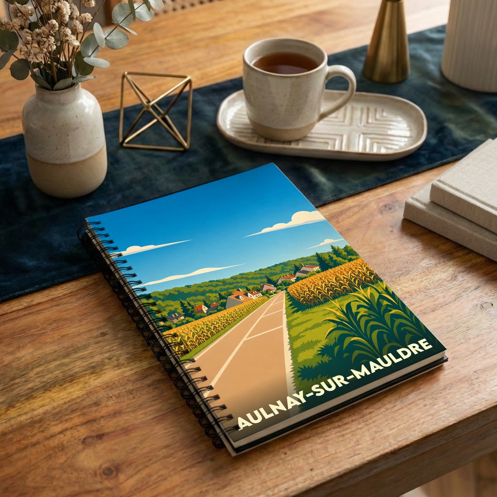 Carnet à spirales souvenir de la ville d'Aulnay-sur-Mauldre avec une illustration de paysage champêtre stylisée.